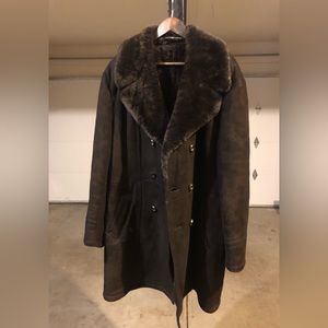 Vintage Sheepskin Suede Fur Coat (Dark Brown, Large)